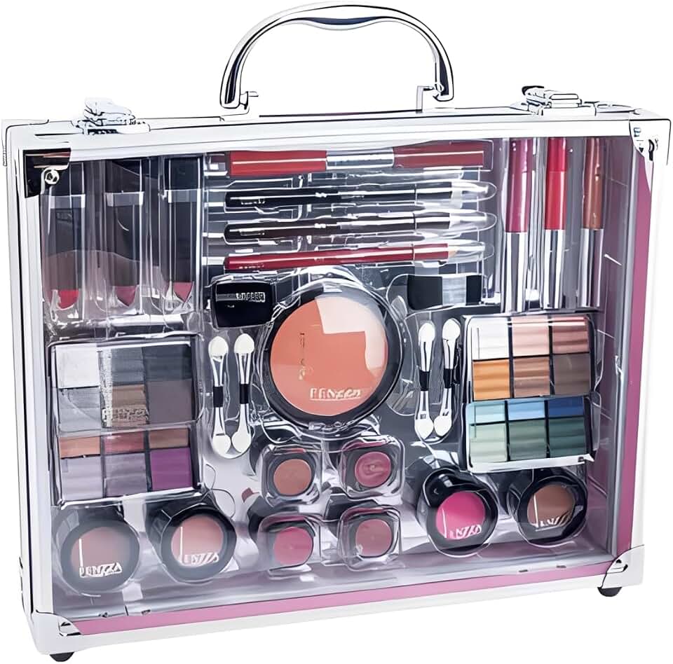 Maleta Maquiagem Profissional Prateada Completa, 28 Itens, Kit Profissional com Sombra, Batom e Blush