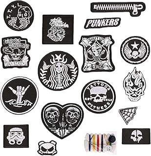 16Pcs 刺しゅうパッチ アップリケ アイロンワッペン セット おしゃれ どくろ DIY装飾 格好いい ハンサム パンク オートバイ アクセサリー ファッション 服 バッグ 帽子などの装飾 飾り