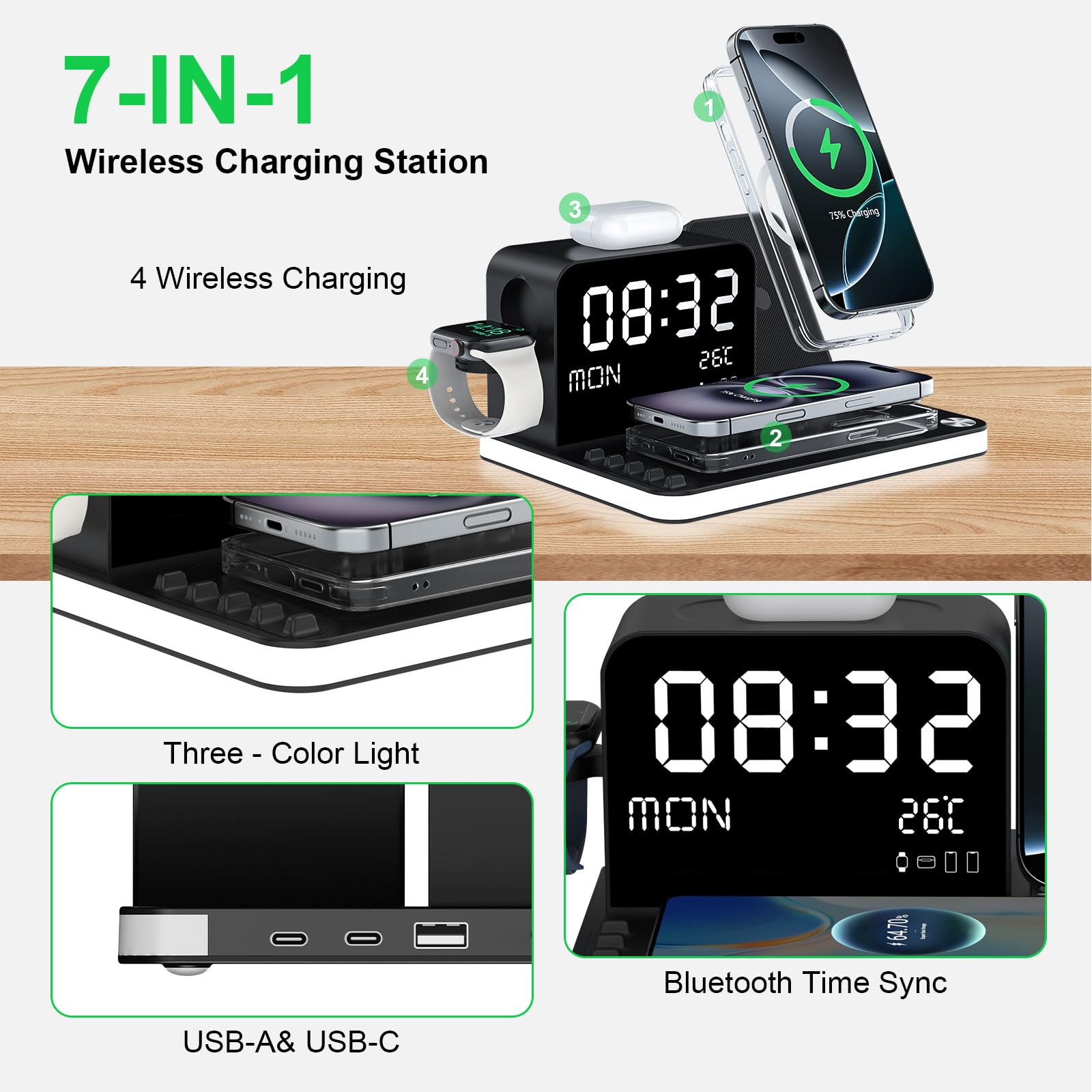 7-in-1 kabelloses Ladegerät mit Uhr, Temperatur & Datum, kompatibel mit iPhone 17/16/15/14/13 Pro Max, AirPods & Apple Watch, kompatibel mit Samsung S25/S24, einstellbares Nachtlicht, 33W-Adapter