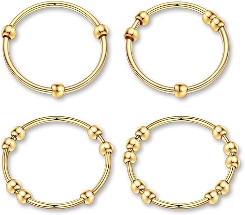 Ursilver Anillo de ansiedad para mujeres y hombres, 4 anillos de acero inoxidable antiansiedad con cuentas, anillos para ansiedad para mujeres,