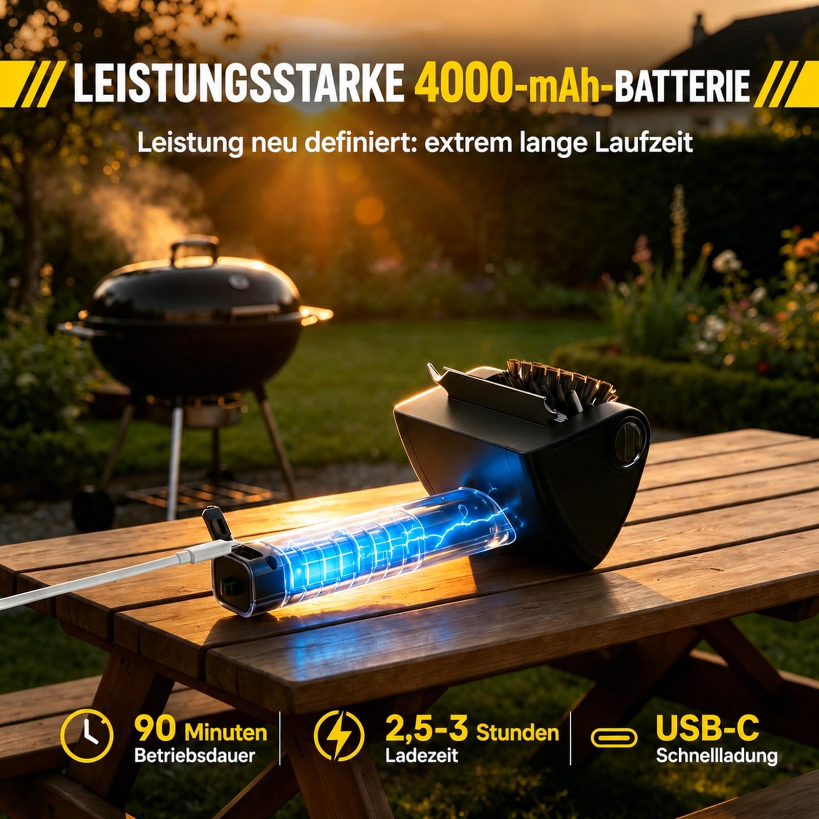 KINGLEAD Elektrische Grillbürste Kabellose BBQ Reinigungsbürste 4000 mAh | 2 Geschwindigkeiten, Edelstahl 304 Bürstenkopf, LED Licht, Schaber & Handschuhe für einfache Grillreinigung