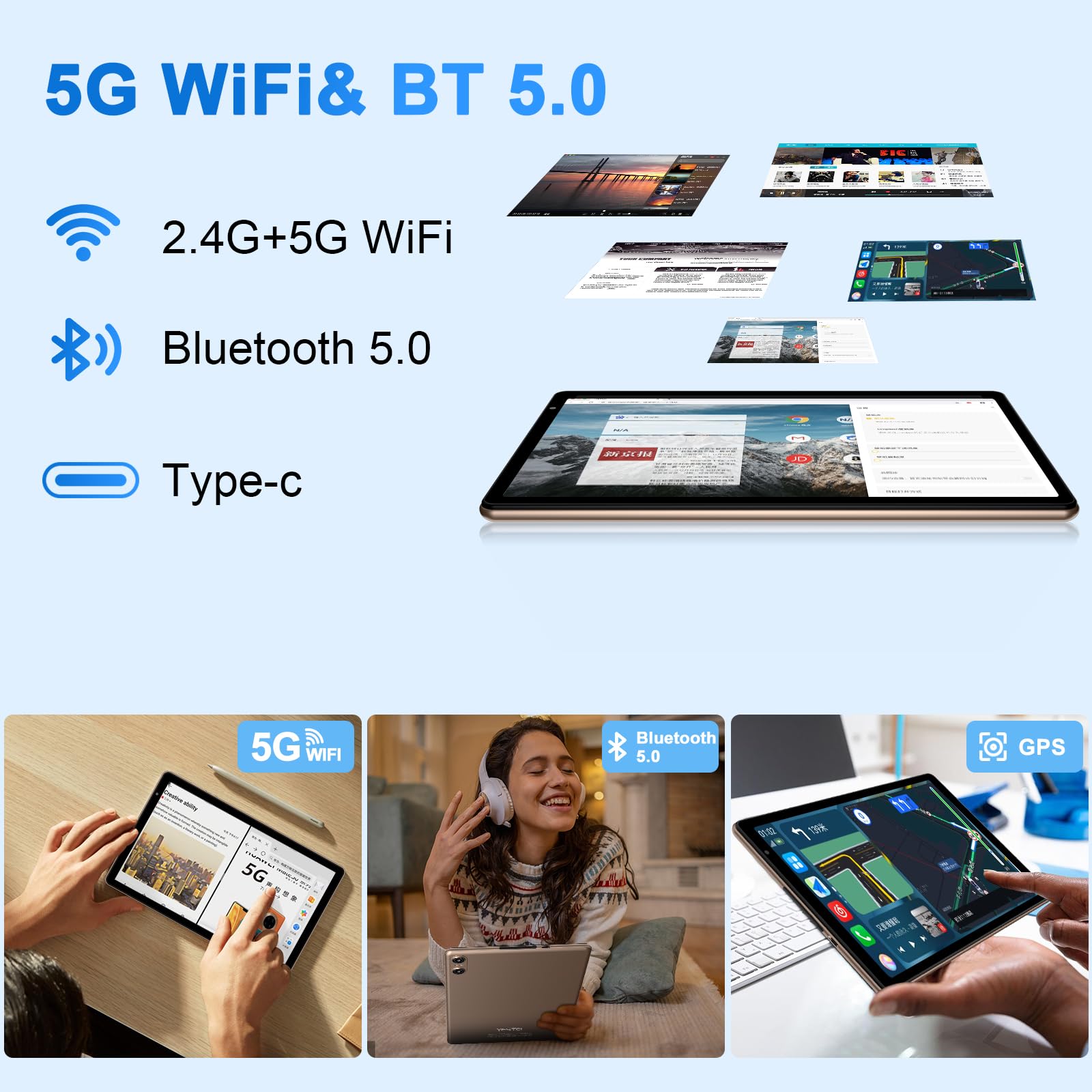 Tablet 10" Android 14 Octa-Core,20 GB RAM+128 GB ROM (TF 512 GB),5G WIFI 6丨6000mAh丨5MP+8MP丨Bluetooth5.0丨1280 * 800, Tablet with Klawiatura Mysz Złoto