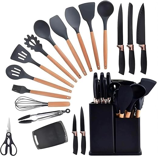 Utensilios Para Cozinha Silicone Kit 19 Peças Cabo Madeira Conjunto Completo Espátula Concha Colher Jogo Suporte Faca Antiaderente Tabua Tesoura Faqueiro PREMIUM (preto)