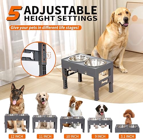 Miniatura 2 de Cuencos elevados para perros con 2 cuencos de comida de acero inoxidable con soporte de 5 alturas ajustables para perros que se ajustan a 3.1