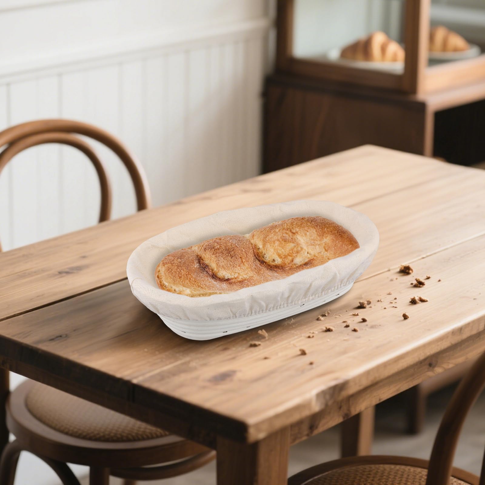 SINJEUN Banneton pour Pain - Lot de 2 Panier de Fermentation Ovales 25 cm et 28 cm en Rotin avec Tissu en Lin - Cuisson Levain