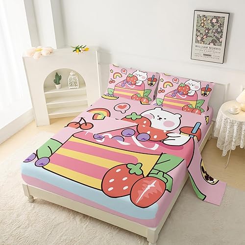 Miniatura 2 de QOOMO Kawaii Bear - Juego de sábanas para niños, tamaño Queen, con bolsillo profundo de 16 pulgadas, diseño de fresa, juego de sábanas impresas de