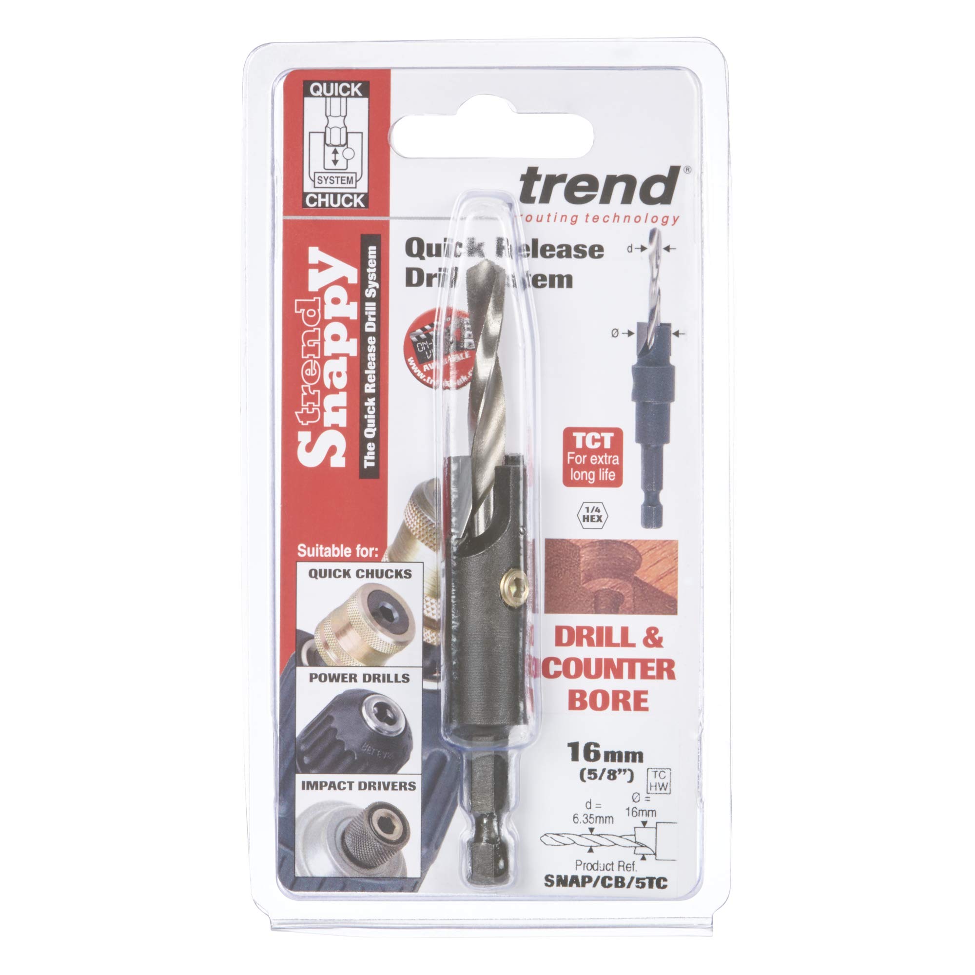 Trend Snappy 16mm metallo duro (TCT) svasatore con punta HSS da 6,35mm, sistema a sgancio rapido, ideale per materiali abrasivi, SNAP/CB/5TC