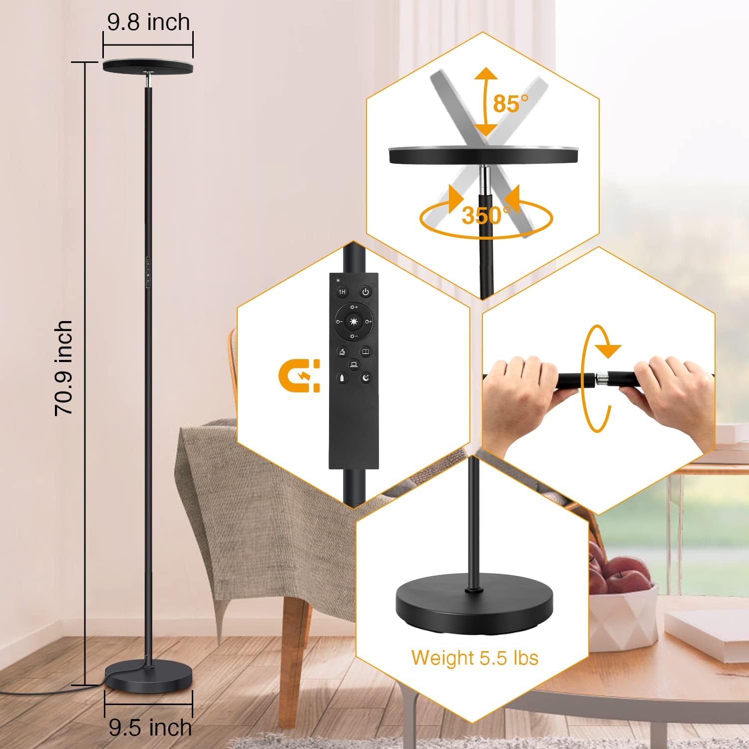 OUTON Floor Lamp, 30W/3000LM LED Modern Torchiere Sky Lamp, Super Bright Dimmable Standing Tall Lamp with 4 Color Temperatures, Remote Touch Control, 1 Hour Timer for Living Room Bedroom Office, Black