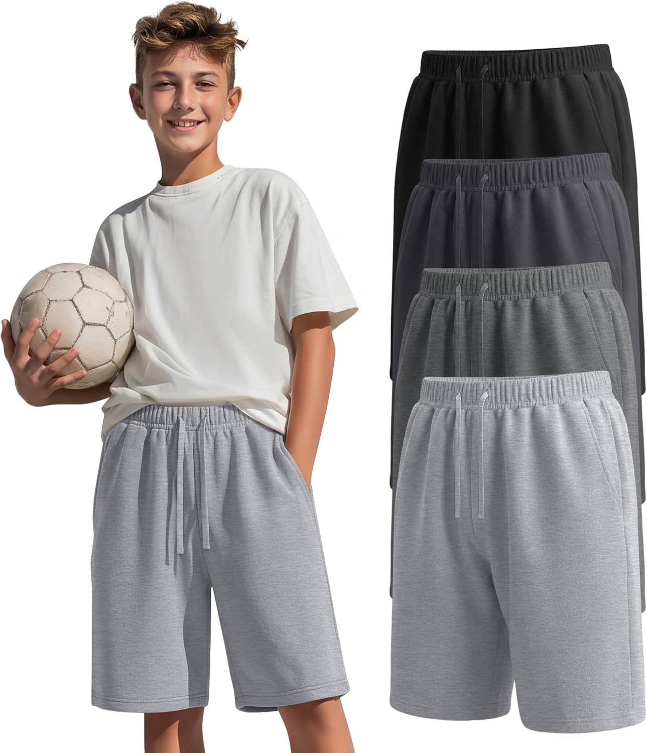 Oakgarden 4 Pack Boys Shorts Athletic Sweat Shorts Drawstring Kids Baggy Active Summer Clothes with Pockets for 7-16y