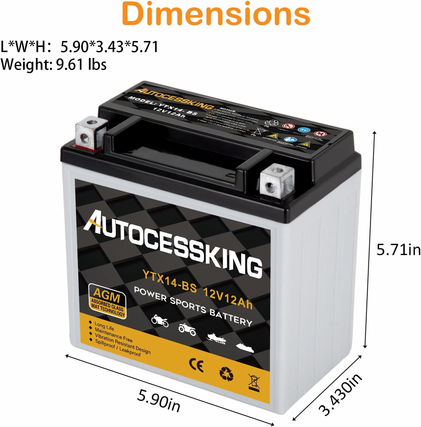 Autocessking YTX14-BS 12V 12Ah Motorcycle Battery, Rechargeable Sealed AGM Battery Maintenance Free Powersport Replacement Battery for ATV and Scooter