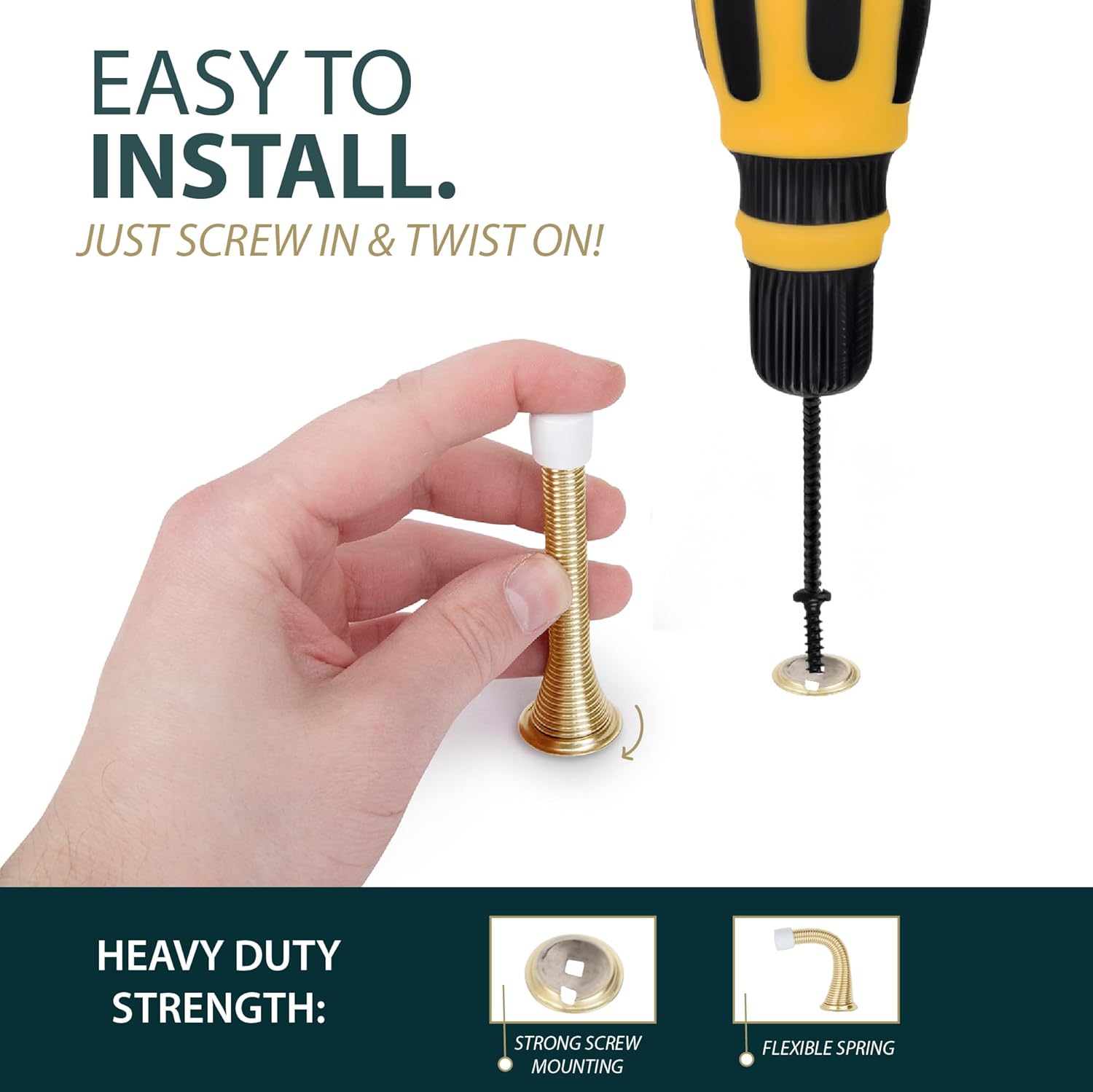 MEGA HANDLES Iron Spring Door Stopper - Flexible Rustproof Heavy Duty Spring Door Stopper 3.35" with Screw Rubber Tip (Satin Brass)