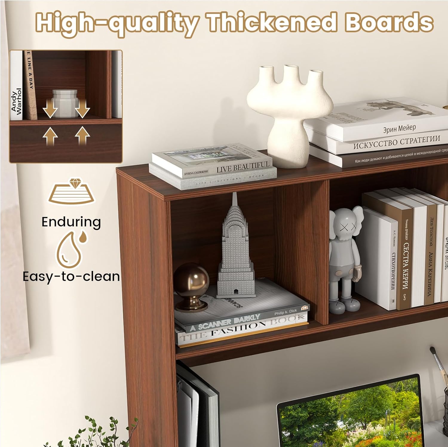 Giantex Desktop Bookshelf, Countertop Storage Hutch with 4 Shelves for Computer Desk, Dressing Tabletop Display Rack, Multipurpose Desk Hutch Storage Organizer for Home Office Dorm (Walnut)