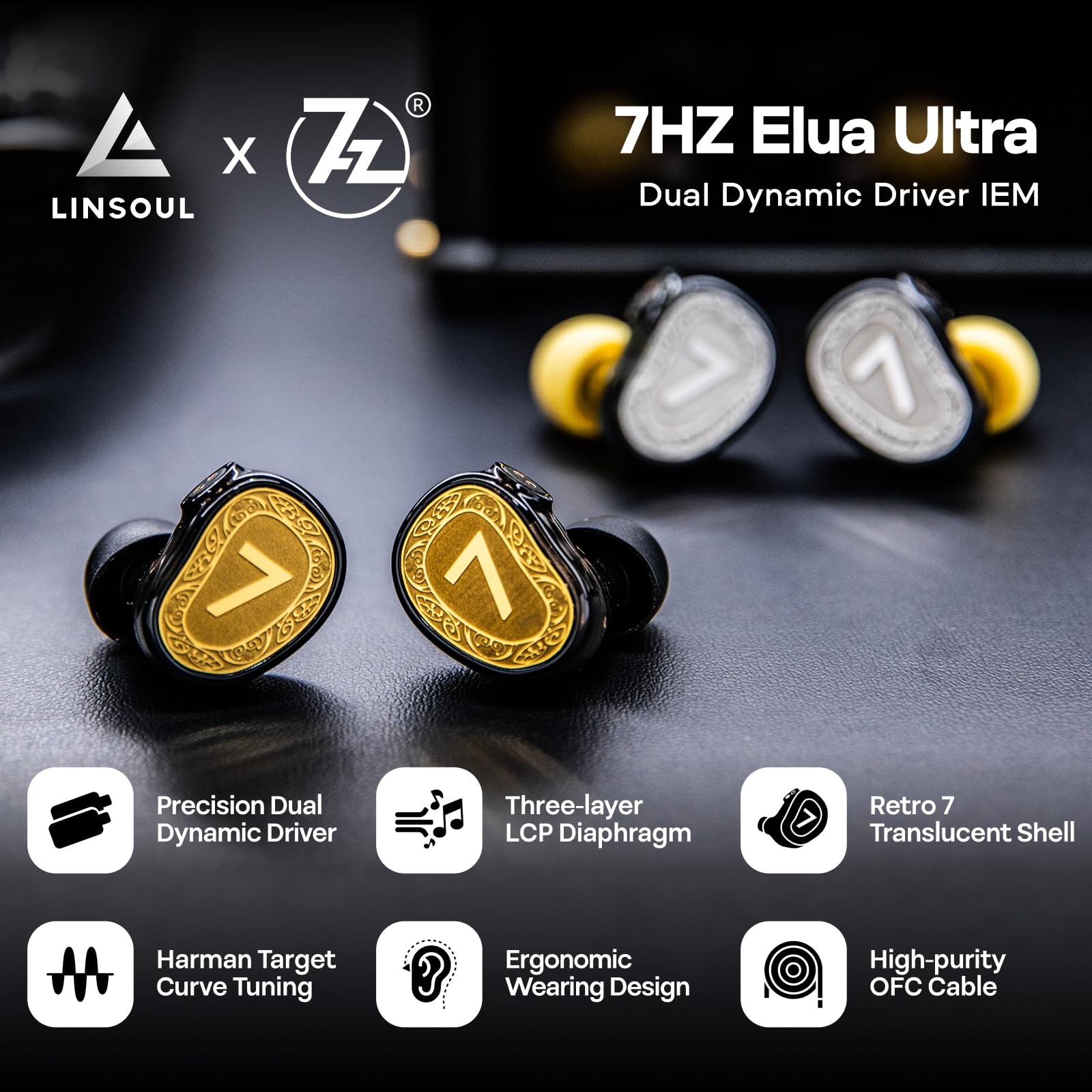 Linsoul 7Hz Elua Ultra Moniteur Intra-auriculaire, Écouteur à Double Pilote Dynamique, HiFi Filaires IEM avec câble OFC Haute pureté pour Musiciens audiophiles (Argent)