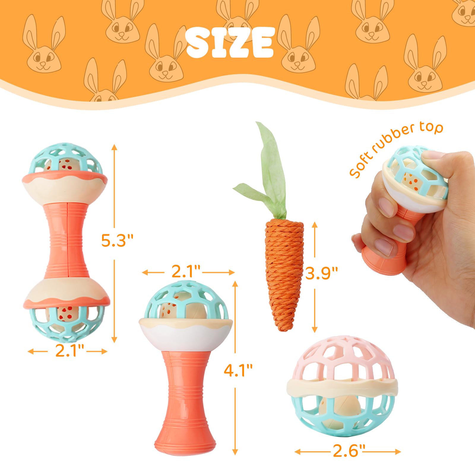 FIDWALL 4 Pcs Bell Ball Rabbit Toys Set including Carrot Chew Toy,Premium Rabbit - Image 2