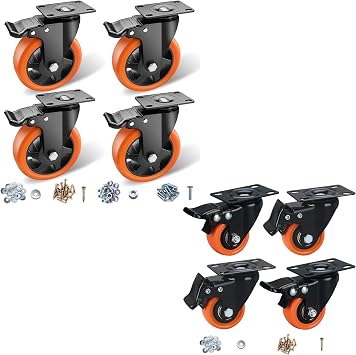 Caster Wheels Bundle, 2" & 5" Casters Set of 4 Heavy Duty - Orange Polyurethane Castors, Top Plate Swivel Wheels, 8-Pack Industrial Casters with Brake, Locking Caster for Furniture and Workbench
