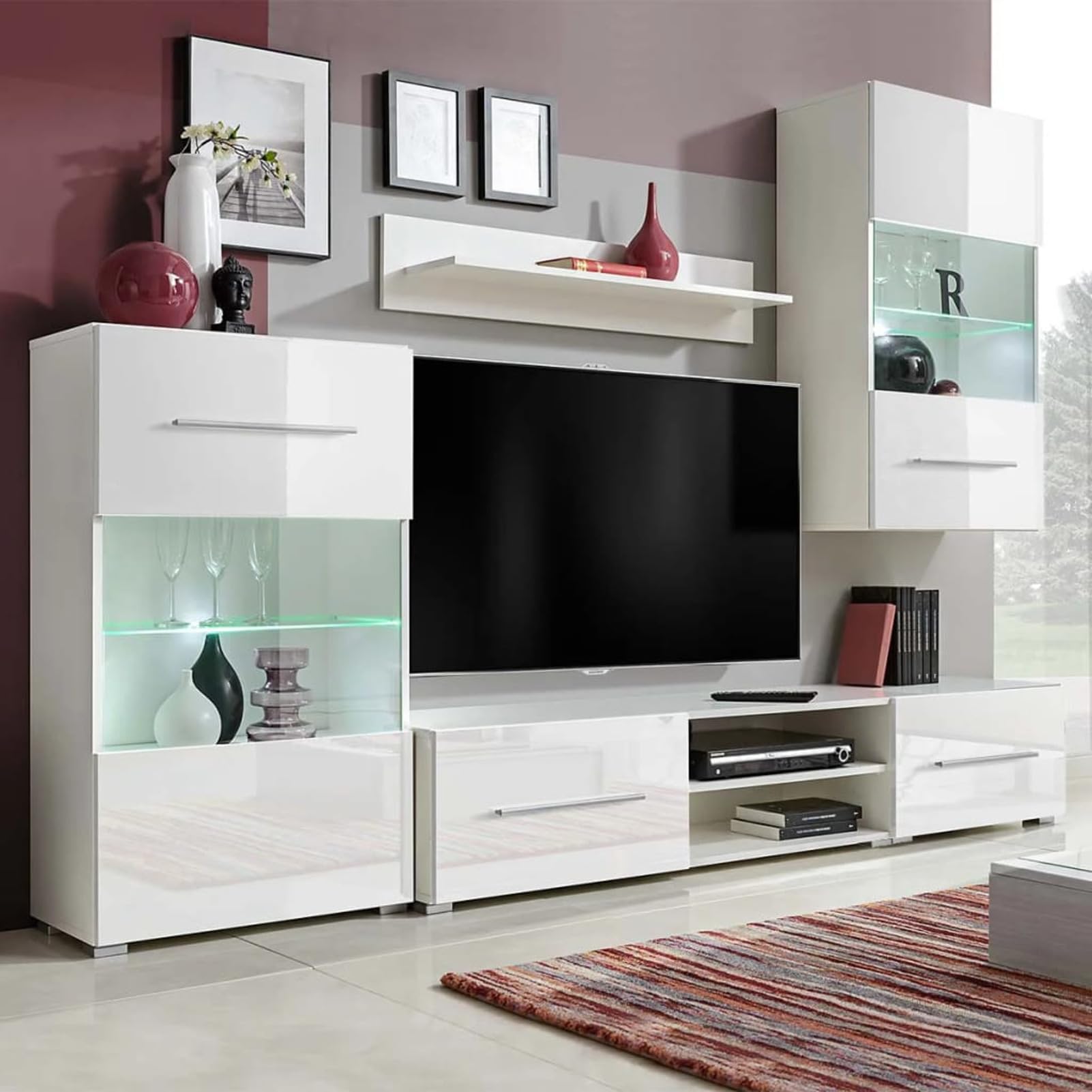 GuyAna Mobile TV a Parete Con Vetrina 5 Pz Illuminazione LED Bianco, Moderno, Soggiorno, Mobili Salotto Porta TV