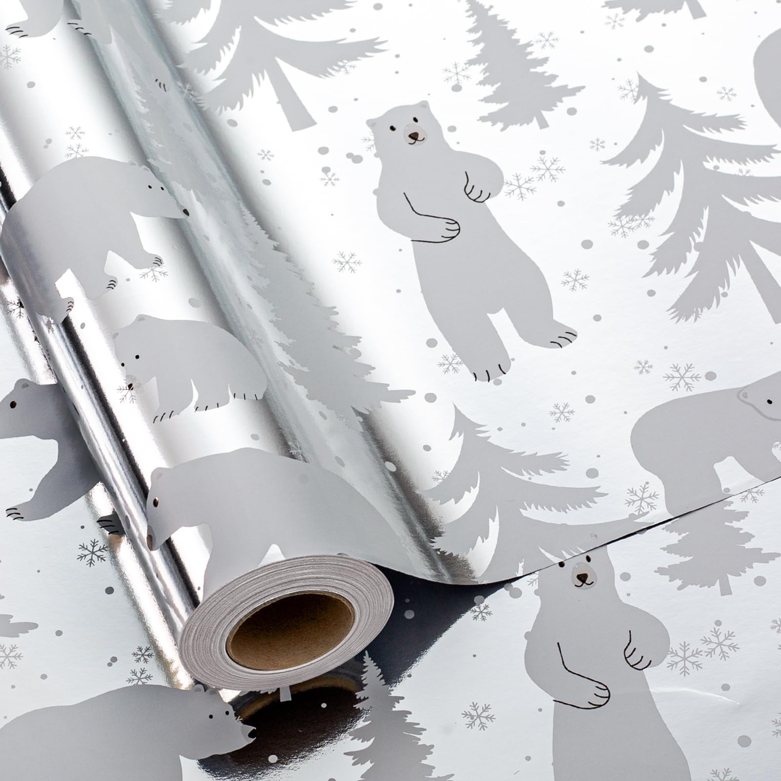 MAYPLUSS Foil Gift Wrapping paper Roll - 17 Inch X 33 Feet - Elegant Silver Christmas Seasonal Festive Gift Wrap Bear w/Glossy Foil-Like Shine Pattern