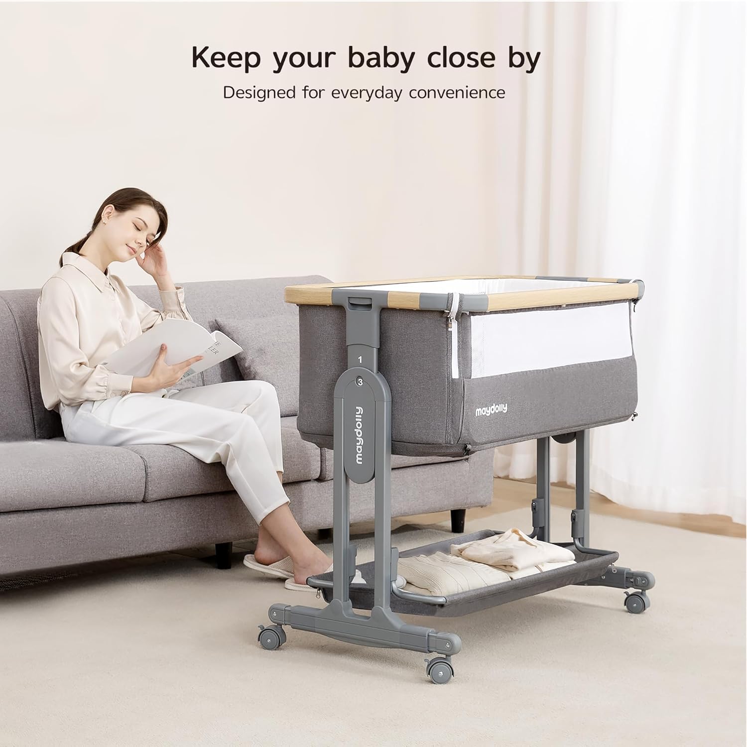 Maydolly Baby Bassinet Bedside Sleeper, 3-in-1 Bedside Crib, Portable Bassinet with Mattress & Breathable Mesh, 7 Height Adjustable Baby Bed, Newborn Infant Cribs (Grey)