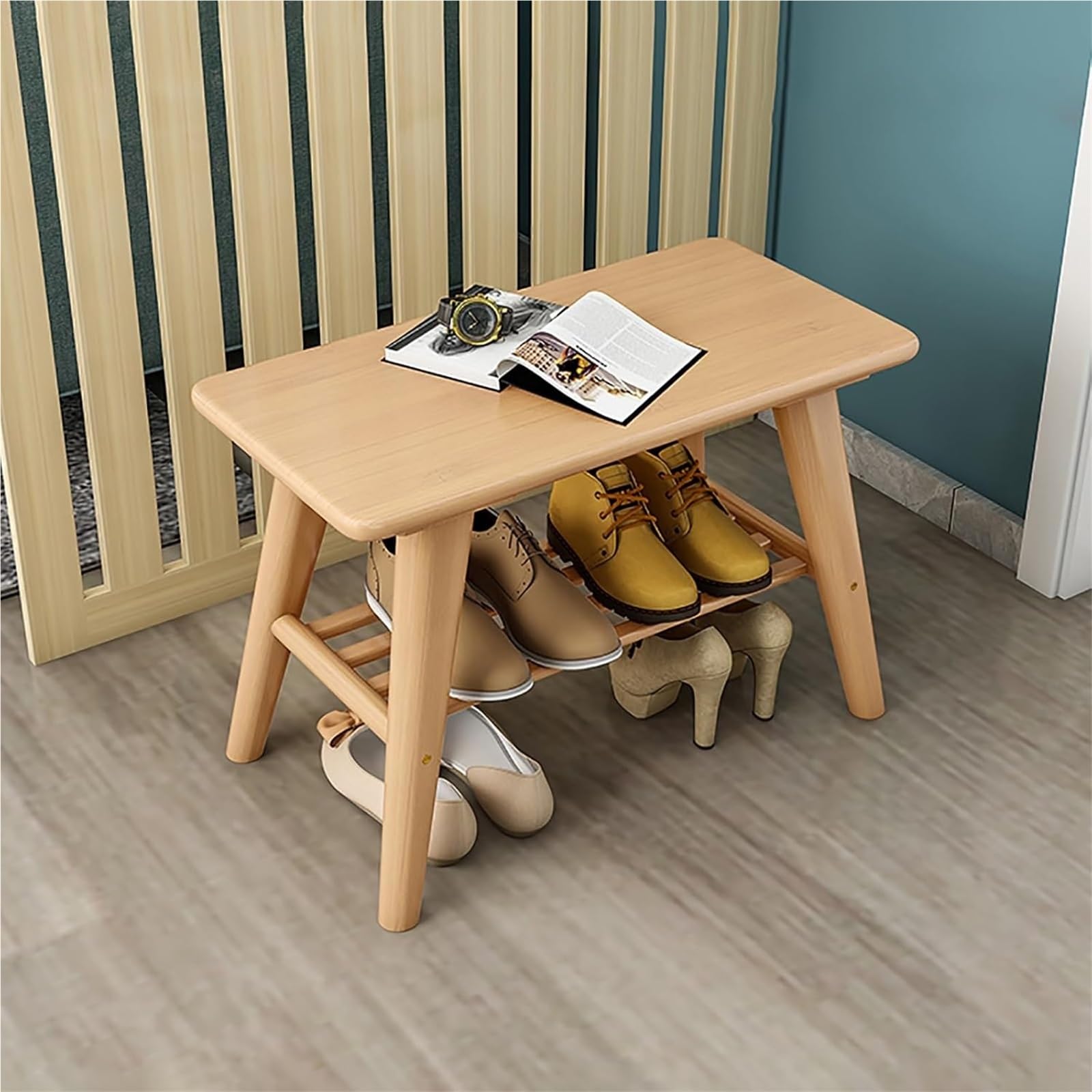 Banco zapatero de entrada en madera maciza rústica de 60x30x36cm