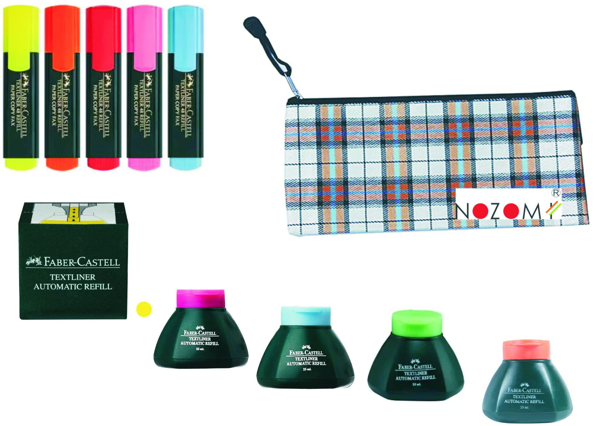 NOZOMI - Faber-Castell Fine Textliner (Highlighter) - Pack of 5 (Assorted) with All Color Inks and One Carry Case