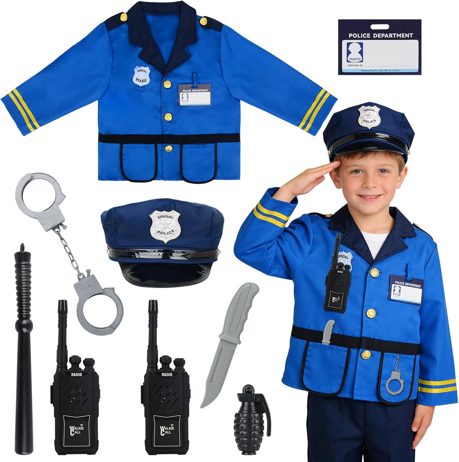 Police Officer Role Play Costume Dress-Up Set for Kids, Police Station Toy Set with Handcuffs, Walkie-Talkie Nightstick, Pretend Cop Career Outfit for Boys Girls Ages 3-7, Halloween Role Play Toys