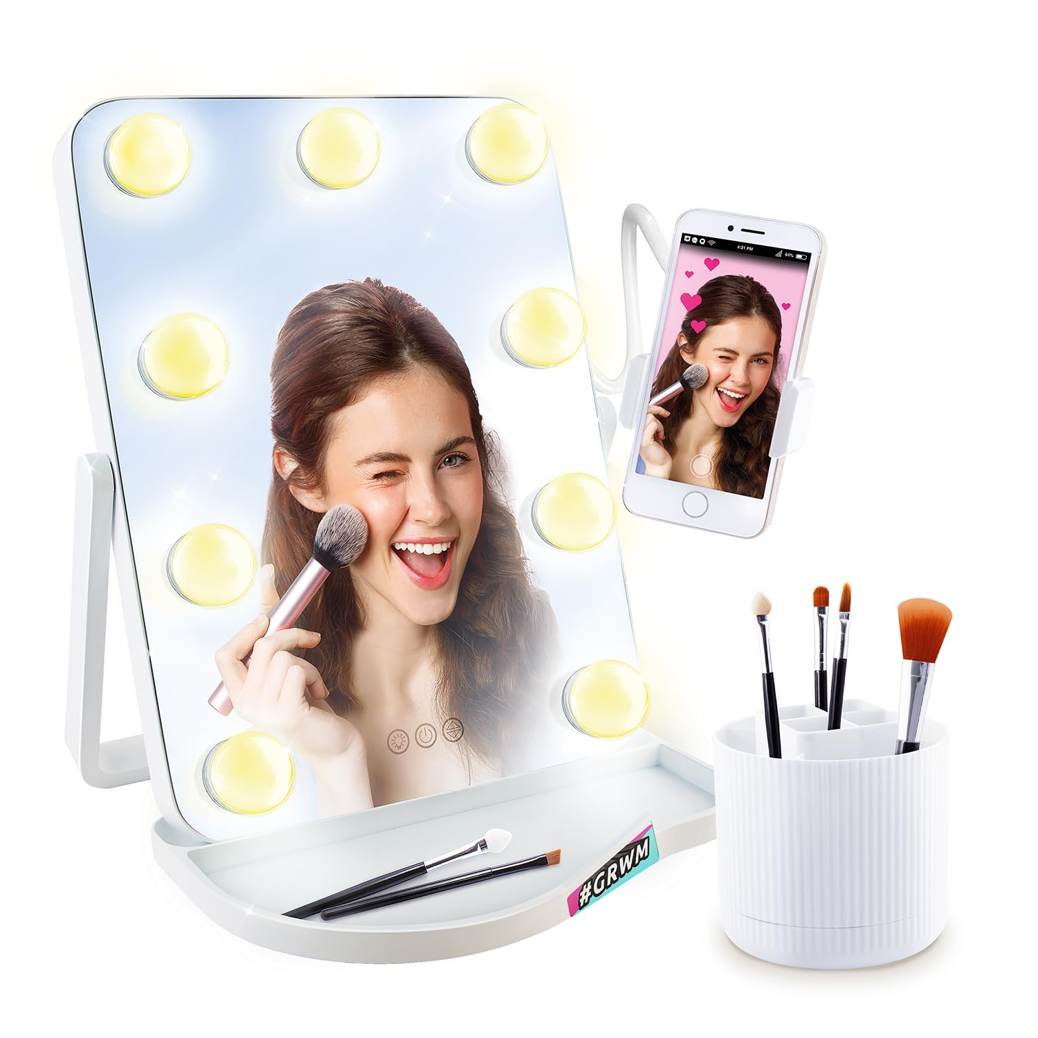 LED Make Up Mirror with Lights & Phone Holder – GRWM Hollywood Vanity Mirror | 3 Light Modes, Touch Control Brightness | Includes Caddy & 4 Brushes for Makeup, Selfies & Vlogging
