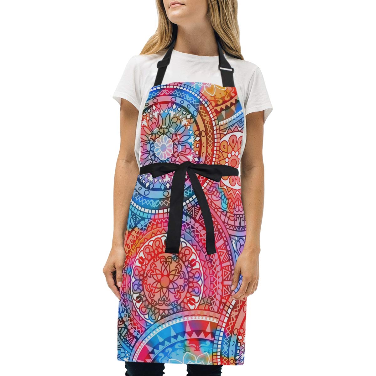 ZZAEO Oriental Hippie Mandala Kaleidoscope Elements Printed Adjustable Bib Apron with 2 Pockets and Adjustable Neck Strap Home Kitchen Cake Cooking Grilling Gardening Apron for Men Women