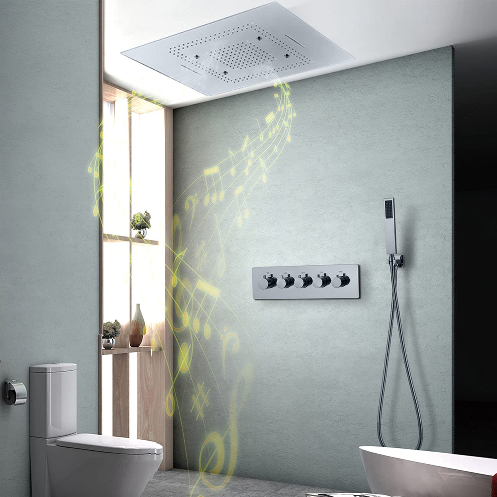 Sistema de ducha de lluvia de lujo, cabezal de ducha LED de 60 x 80 cm con altavoz de música Bluetooth, juego de grifo termostático de ducha, control remoto negro (control remoto cromado)