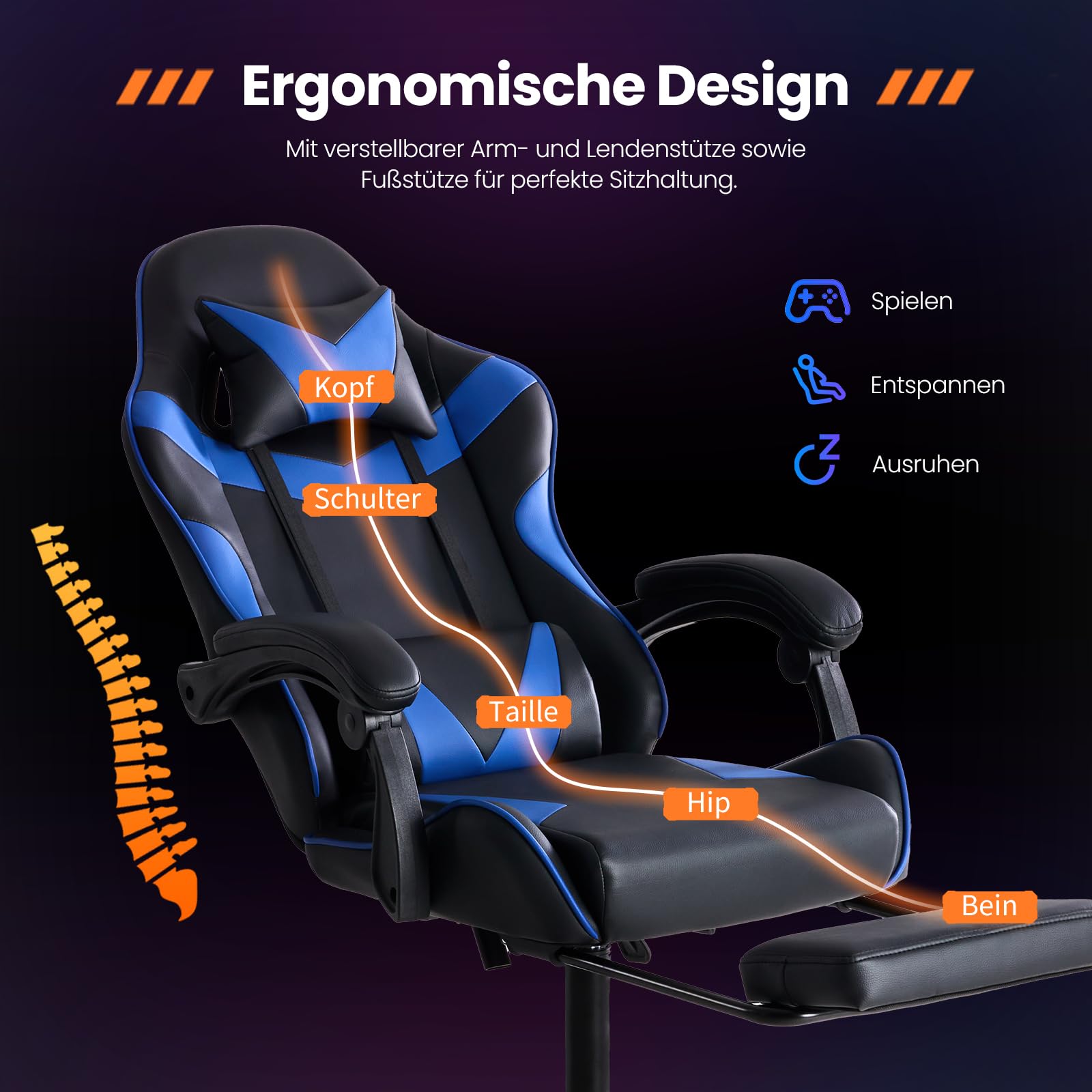 Sweetcrispy Silla de Gaming, Silla de Juegos con reposapiés, Soporte Lumbar, Silla ergonómica de PC, Silla de Oficina Ajustable en Altura, Silla de Ordenador, Silla de Escritorio giratoria, Azul