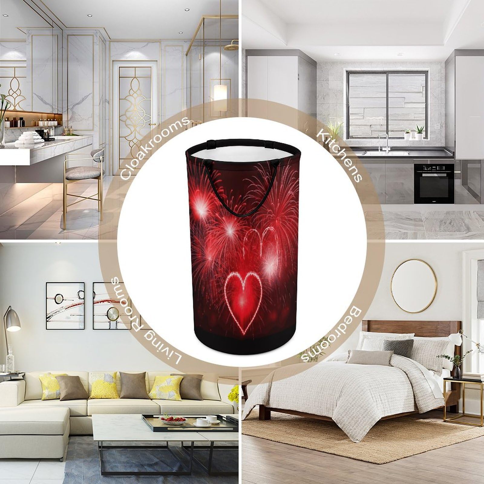 Red Hearts Fireworks - Cesta grande para ropa sucia, cesta de almacenamiento para asas de fácil transporte, cesta grande con asas, cubo de almacenamiento de ropa, organizador de juguetes para baño
