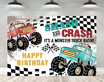 Ticuenicoa Grave Digger Monster Truck Birthday Backdrop - 5x3ft Flame Design Photo Booth Background for Boys, Kids Party Decorations Banner & Props Supplies