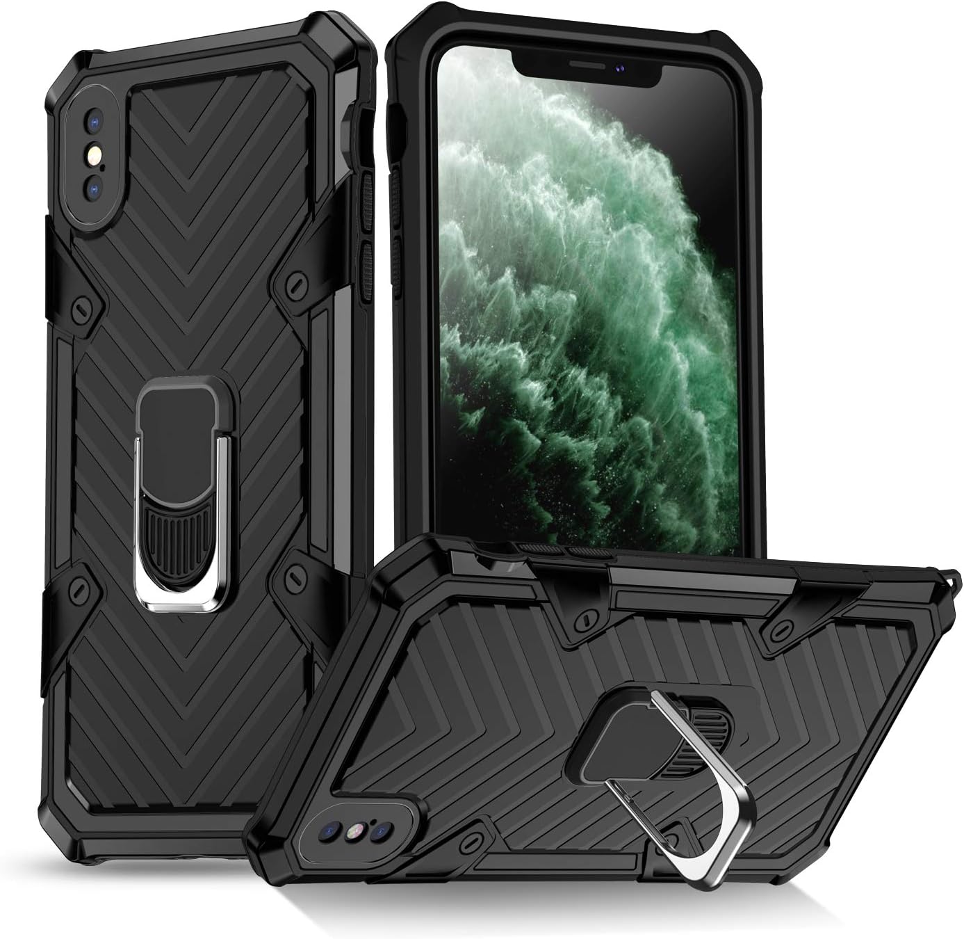 Phone Case for iPhone X/Xs Shockproof Cover with Ring Holder Armor Heavy Duty Design Durable Soft TPU Protective 360 Degrees Rotation Ring Grip,Black