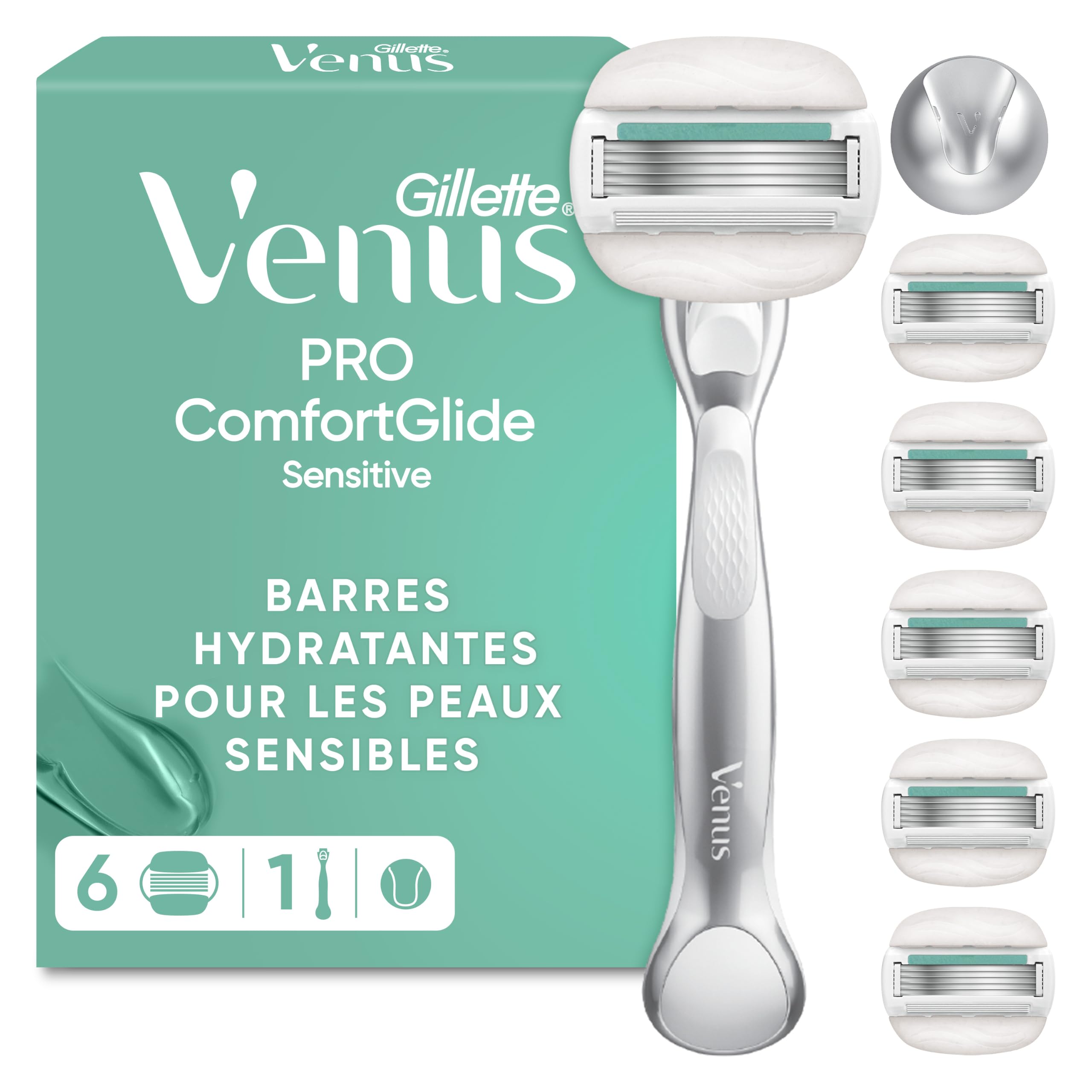Gillette Venus Rasoir pour Femmes Aux Peaux Sensibles Pro ComfortGlide Sensitive, Manche Réutilisable Et 6 Recharges De Lames avec Bande Lubrifiante, Conçu pour La Peau Sèche, Rasage Longue Durée