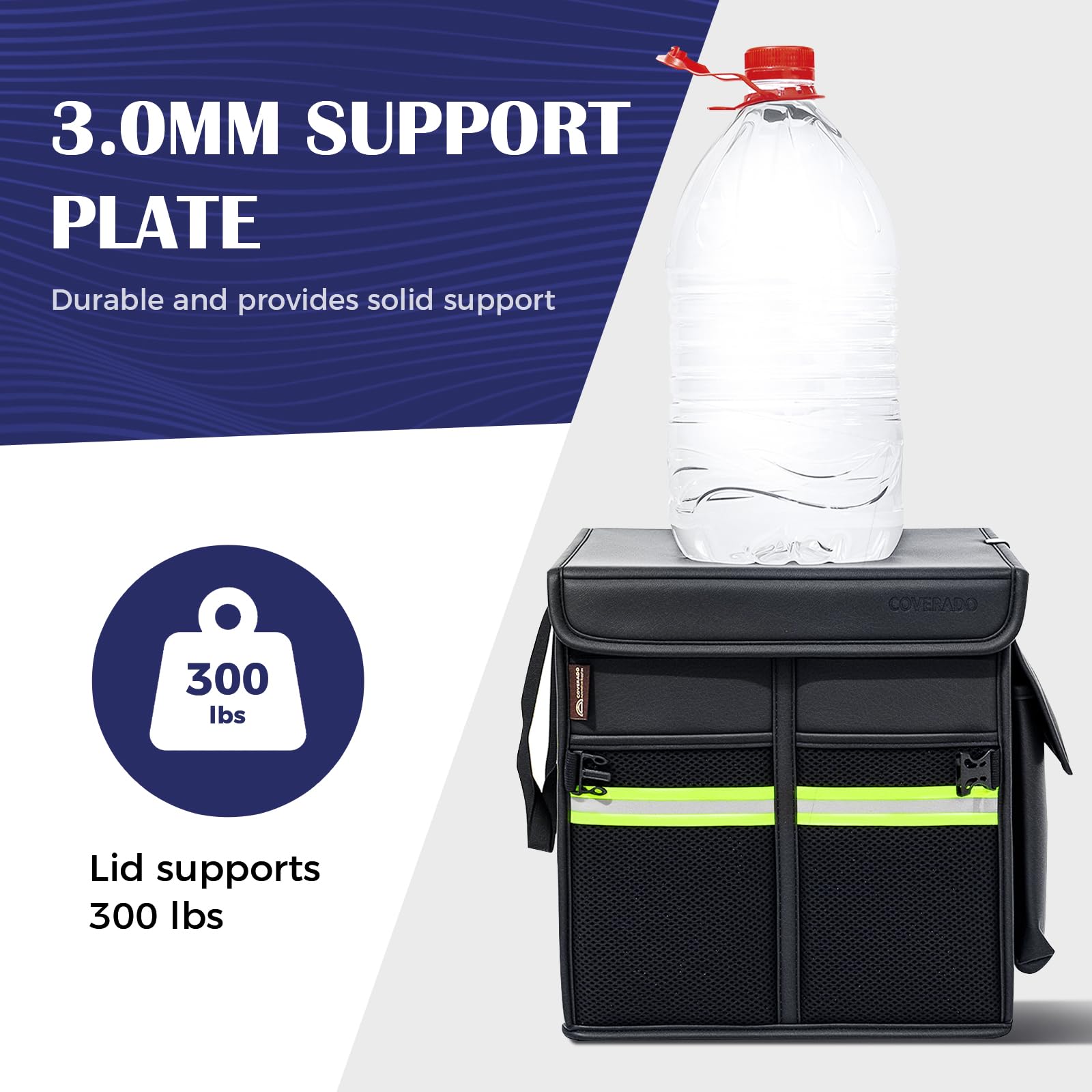 Coverado Borse per bagagliaio auto - Pelle Nappa Organizzatore auto 30L Auto Stoccaggio Scatola Portaoggetti per SUV/Camion, Pieghevoli & impermeabile, Multicompartimenti, Divisori & Fissare 2 cinghie
