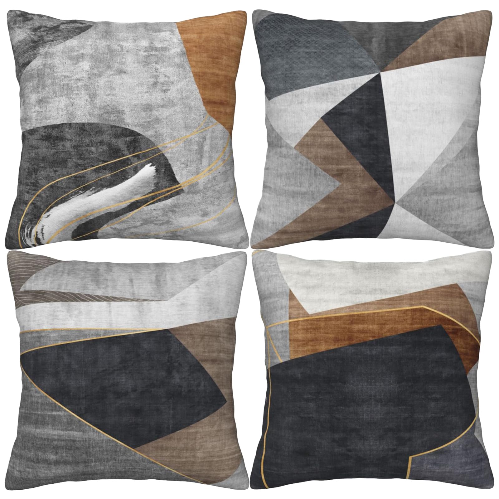 HOSTECCO Grey and Brown Geometric Cushion Covers 50x50 cm Set of 4 Abstract Cushion Cases Contemporary Minimalist Decorative Pillow Covers for Sofa Couch