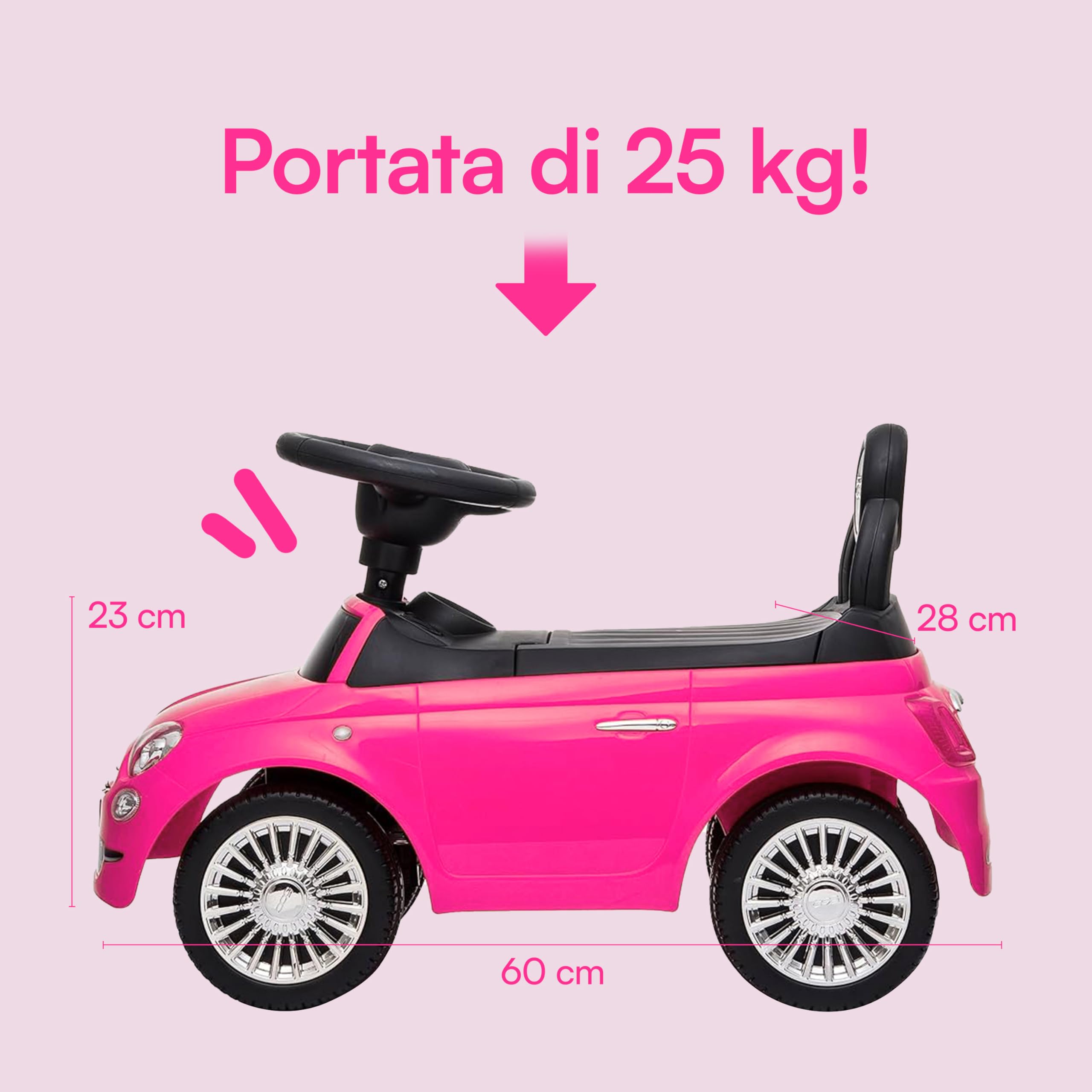 Baroni Toys Macchinina Cavalca Bambini 12-36 Mesi, Fiat 500, Rosa, 28x60x23 cm
