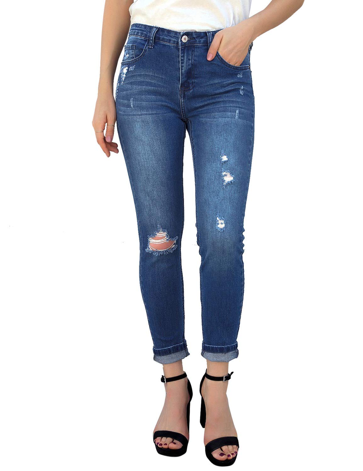 Women Elastic Waist Jegging Stretch Jeans Ripped Distressed Vintage Jeans