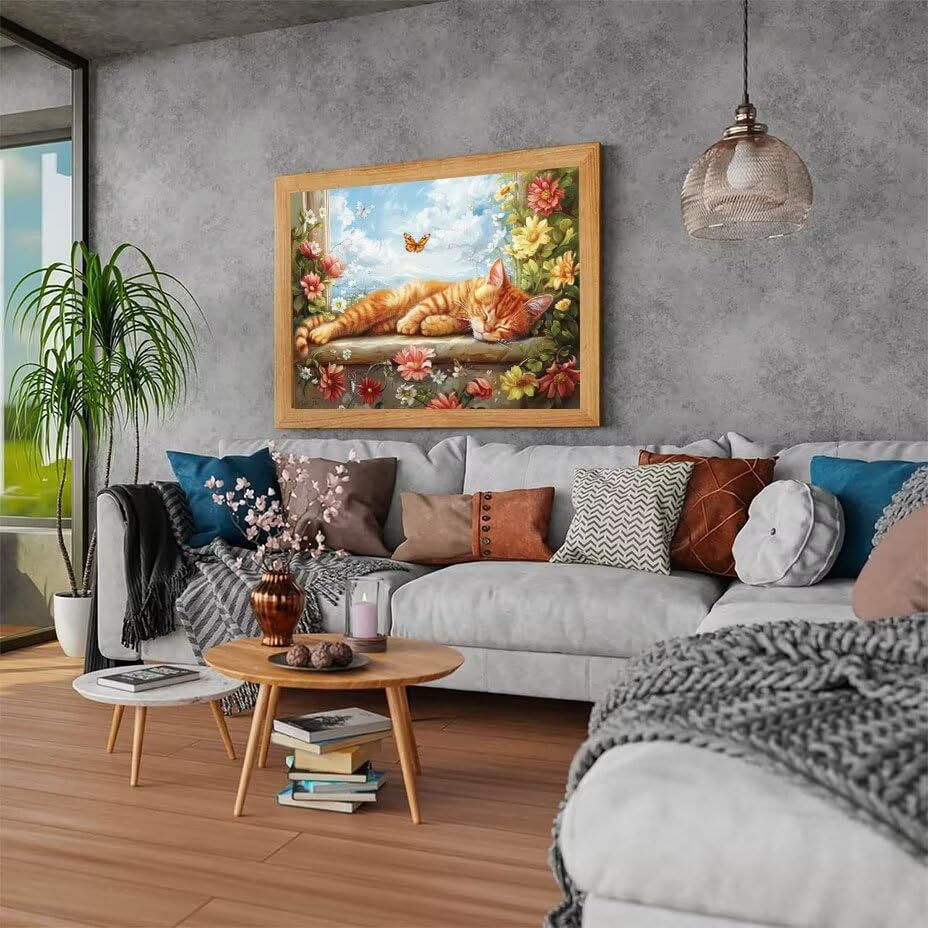 Diamond painting chat et fleurs 5D : créez votre décoration murale salon avec ce kit 80x110cm