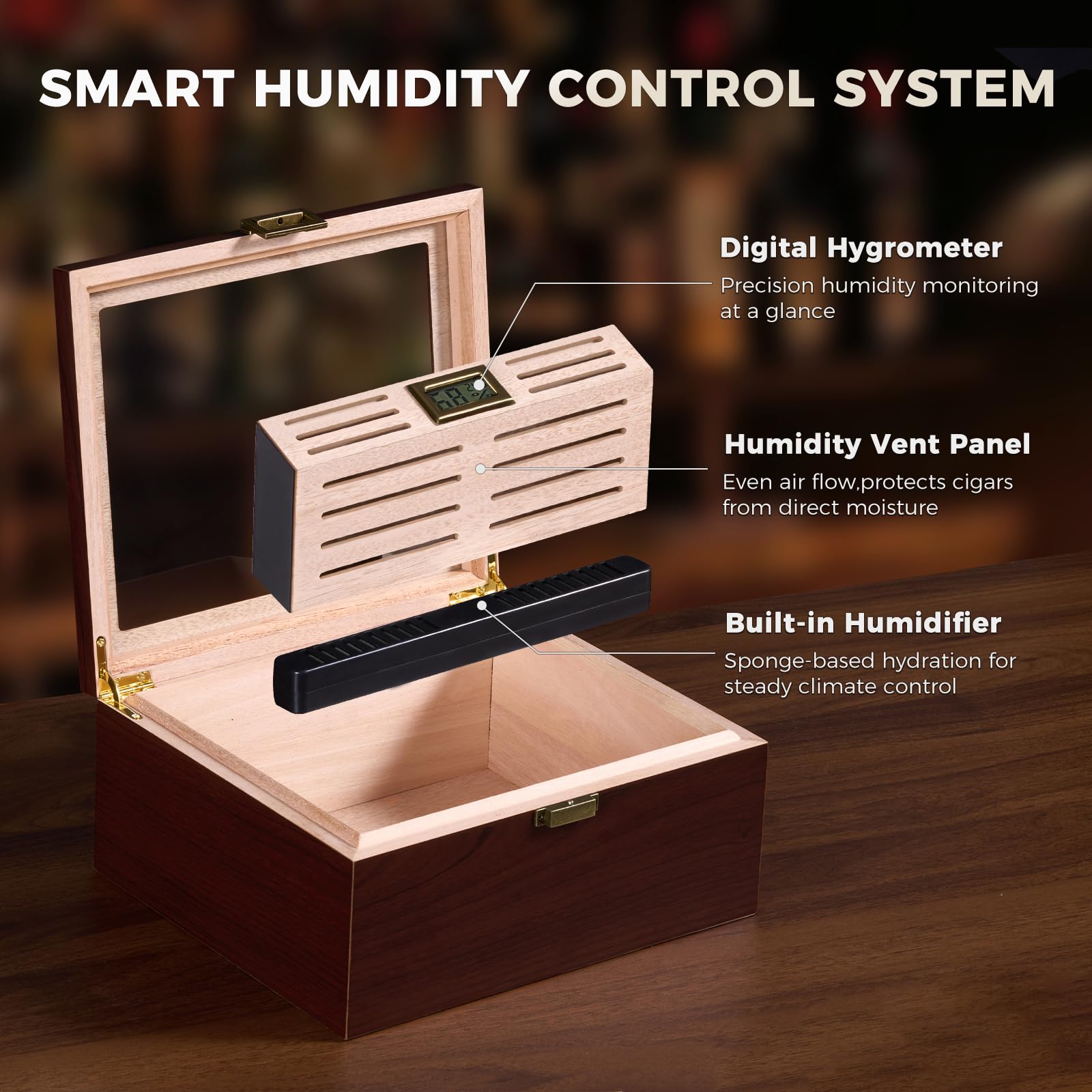 ProCase Zigarren Humidor aus Holz, mit Luftbefeuchter, Zedernholzfutter, Glasplatte, digitalem Hygrometer -Groß, Braun