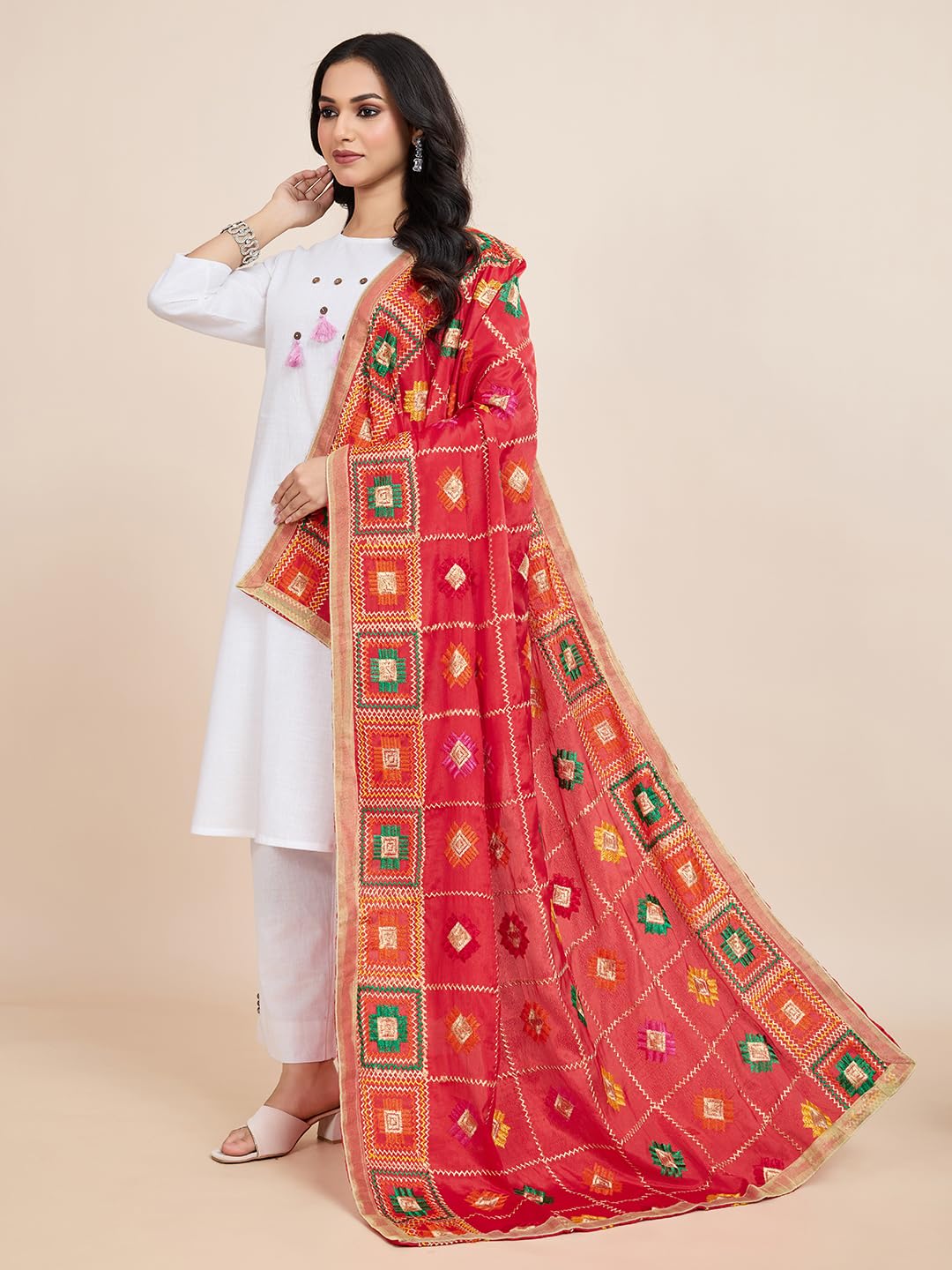 Weavers Villa Women's Chinnon Silk Aari Embroided Phulkari Dupatta, Chunni (Red), 2.25 Mtrs