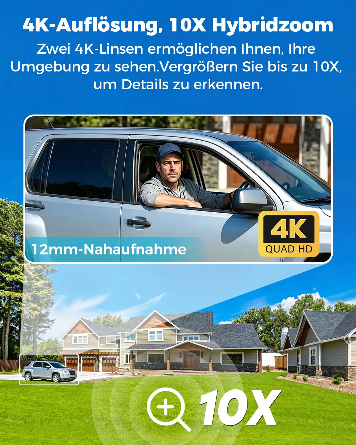 GENBOLT 4K PTZ WiFi Überwachungskamera Aussen mit PoE,8MP Dual Objektiv CCTV Kamera für IP-Heimüberwachung mit 10X Hybrid-Zoom,Automatischer Personen-/Fahrzeugerkennung(2,4&5GHz)