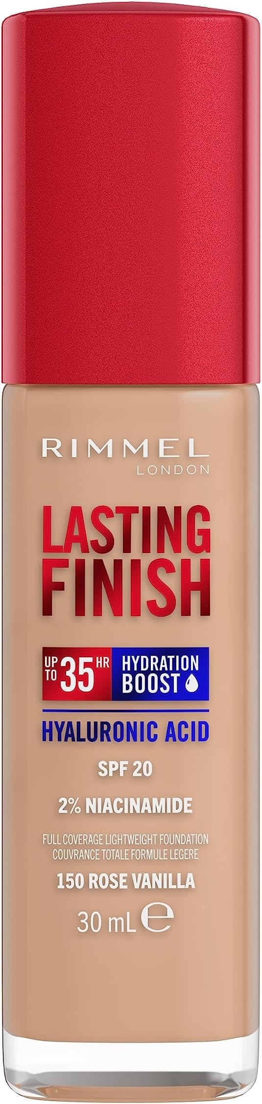Rimmel Lasting Finish 35Hr Foundation 150 Rose Vanilla, Full Coverage, Hydrating, SPF20, Hyaluronic Acid, Vitamin E, 2% Niacinamide, All Day Wear, Vegan, Cruelty Free