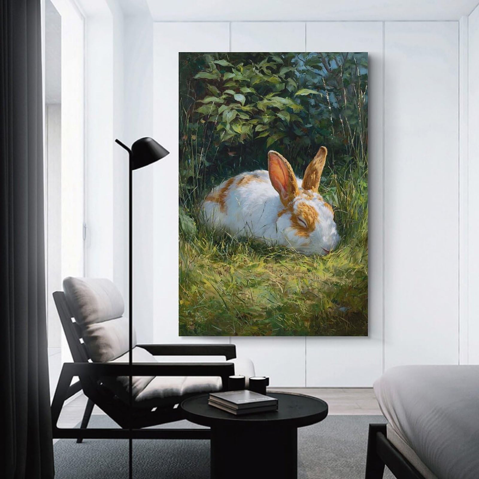 Junmoney Room Decor Wall Art Sleeping Rabbit in Lush Greenery, 24x36inch(60x90cm), for Workspace Walls, Study Corners Or Bedrooms, A Smart Decor Choice for Study Walls