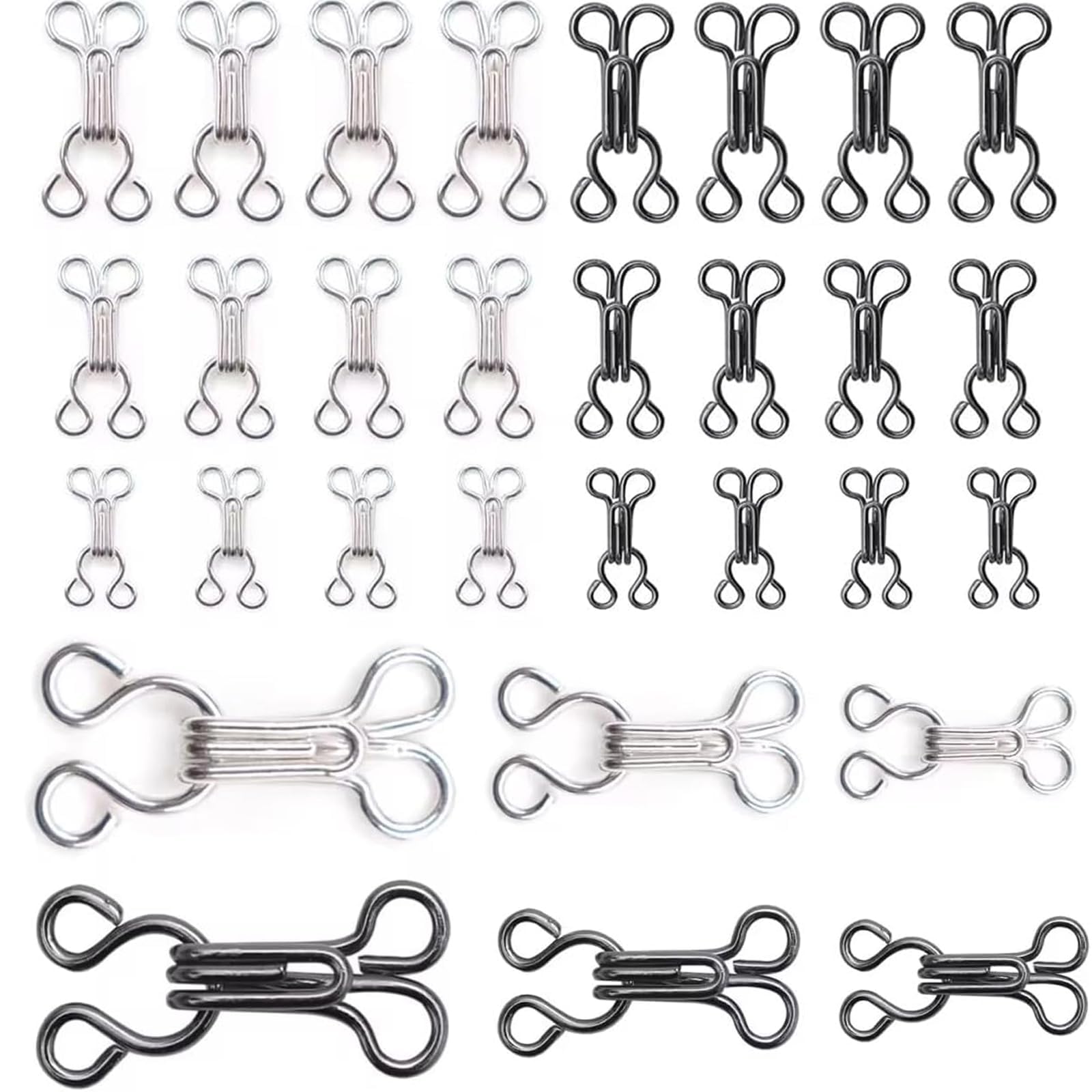 Cjkoonsa 24 Set Sewing Hooks and Eyes Closure, 3 Sizes Bra Hook eye closure, Clothing Fasteners for Bra, Skirt, Clothing Trousers(Silver, Black)