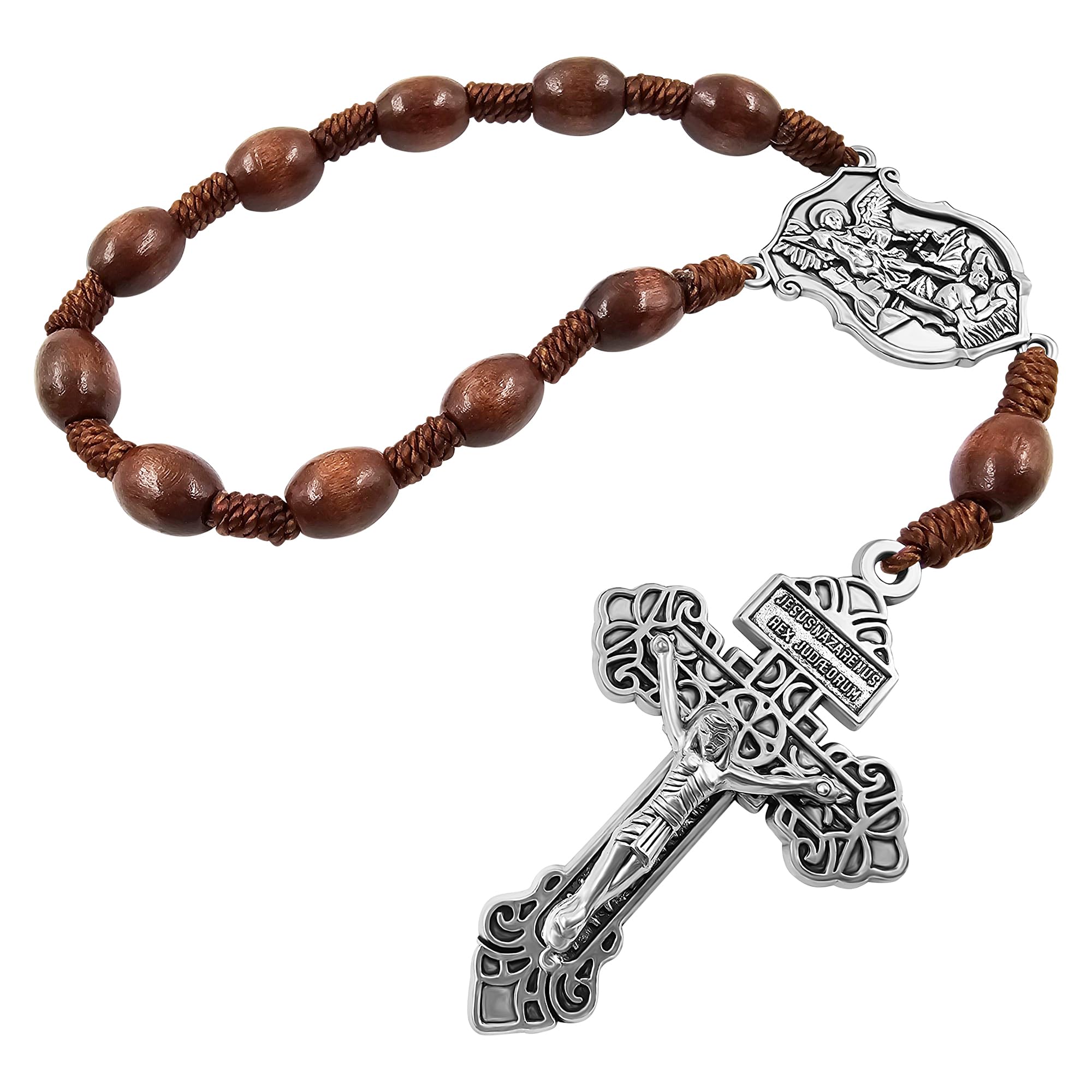 Saint Michael Medal Evil Protection Catholic Rosary for Car Rearview Mirror Cord Beaded One Decade Pocket Rosaries Wood Beads Pardon Crucifix Linen Gift Pouch