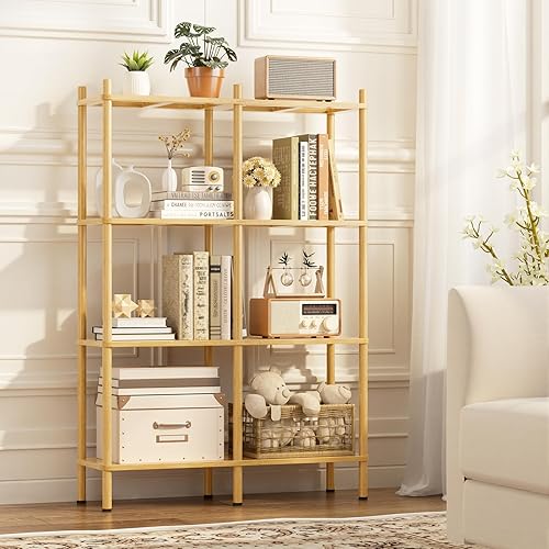 4 Tier Bookshelf, Bamboo Bookcase with Shelves, 8 Open Display Bookshelves Storage Organizer, Industrial Book Shelf Standing Shelf Unit for Bedroom, Living Room, Bathroom, Home Office