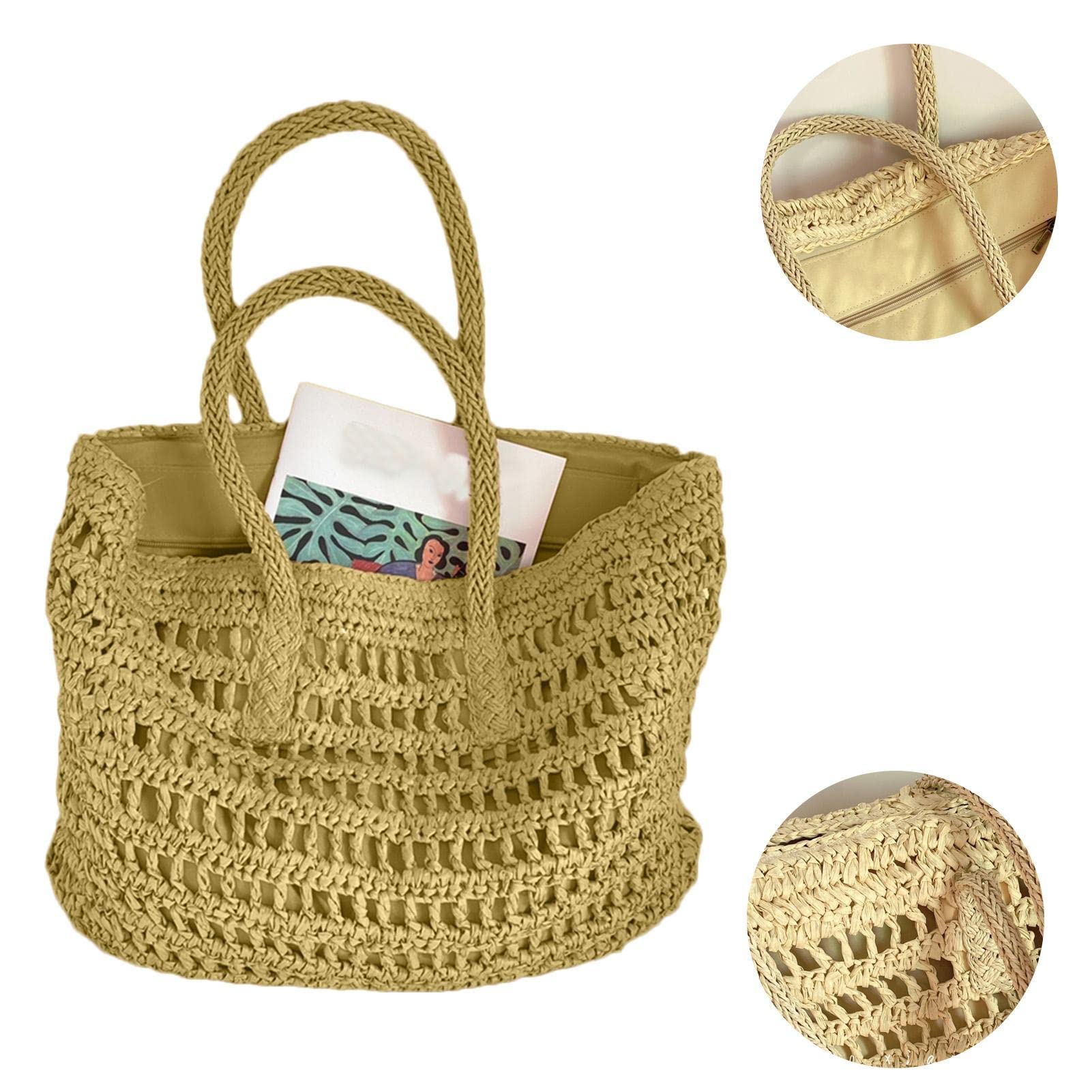 3 sztuki Duża torba ze słomy | Ręcznie tkana torba rattanowa Ręcznie wykonana torba na ramię ze słomą plażowa Summer Bag,Słomkowa torba plażowa dla kobiet, duża tkana letnia torba Torebka Torba na