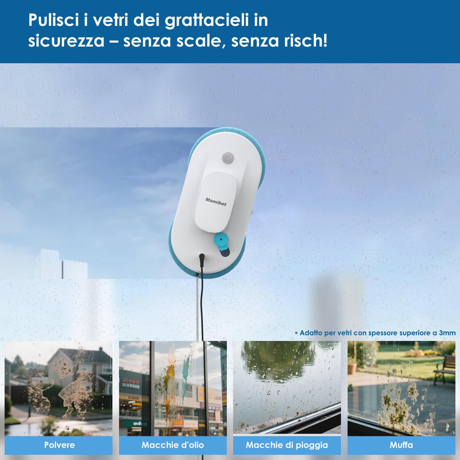 Mamibot W110-P - Robot di pulizia per finestre, automatico e intelligente, anti-goccia, con app e telecomando, per vetro, piastrelle, 12 panni (Bianco)