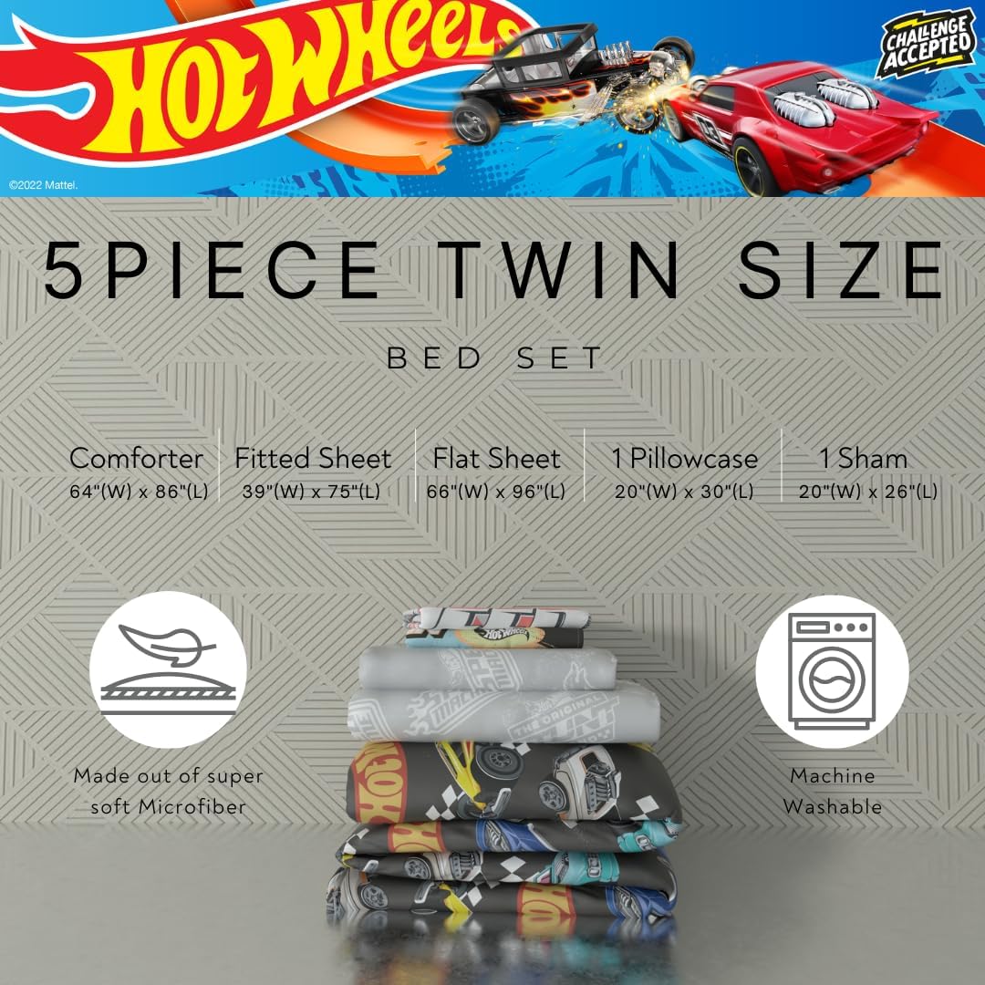 Hot Wheels Kids Bedding Super Soft Comforter and Sheet Set with Sham, 5 Piece Twin Size, (Officially Licensed Product) by Franco - Image 3