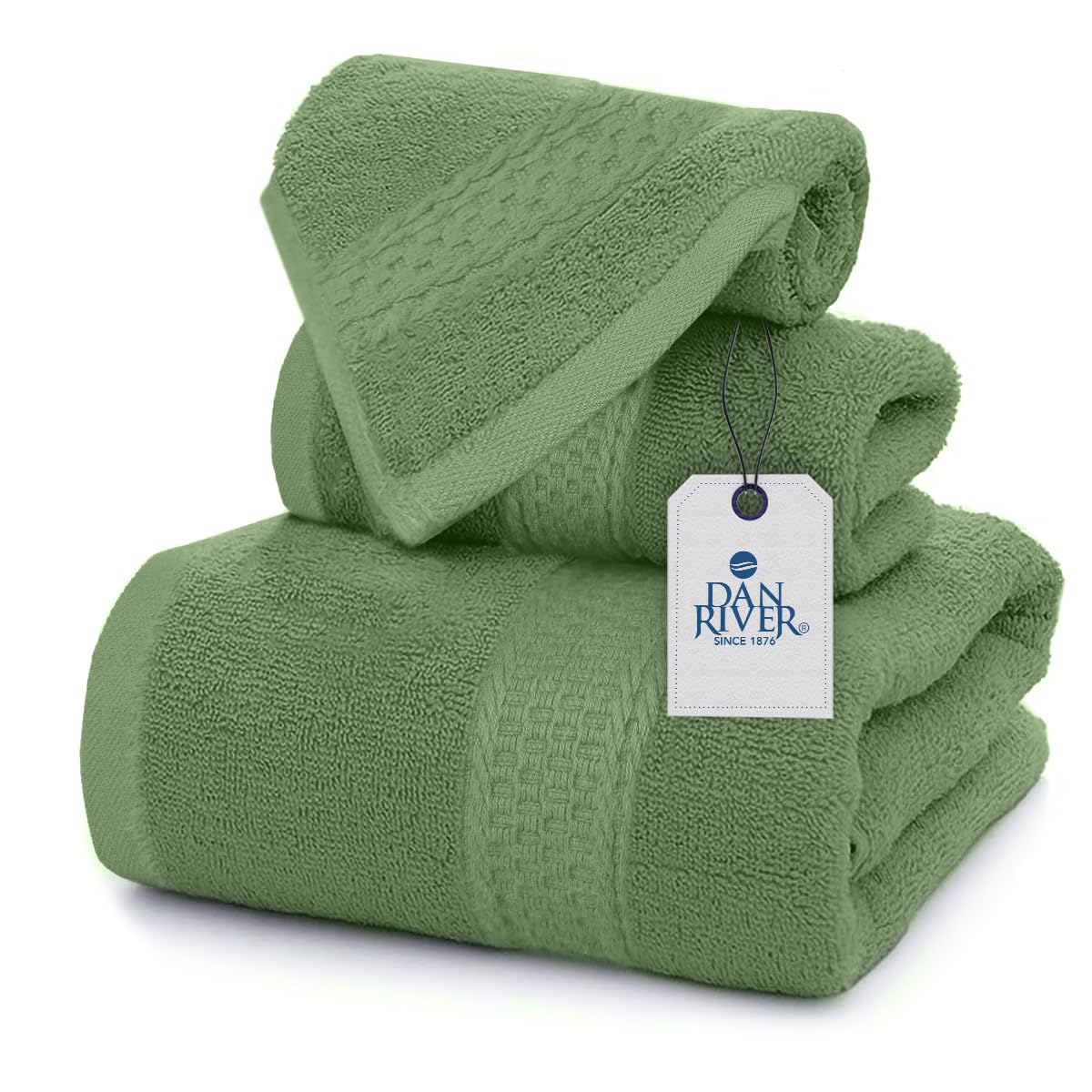DAN RIVER 100% Ring Spun Cotton 3-Piece Towel Set, Sage-Green, Bath Towel, Hand Towel and Washcloths, 550 GSM - Soft, Absorbent Quick Dry Cotton